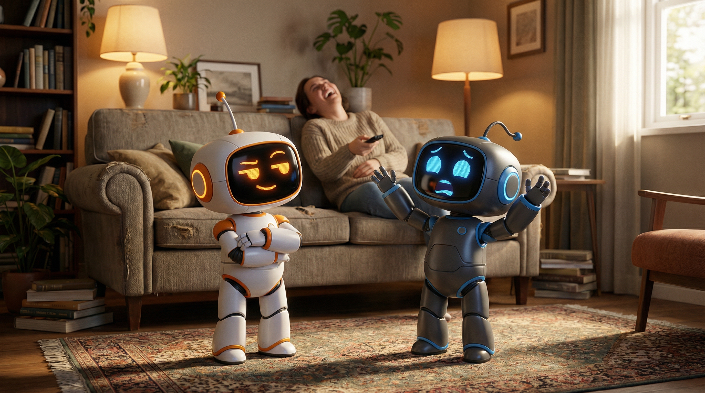 Two Rocket Fourth 4RE robots arguing comedically while their owner laughs