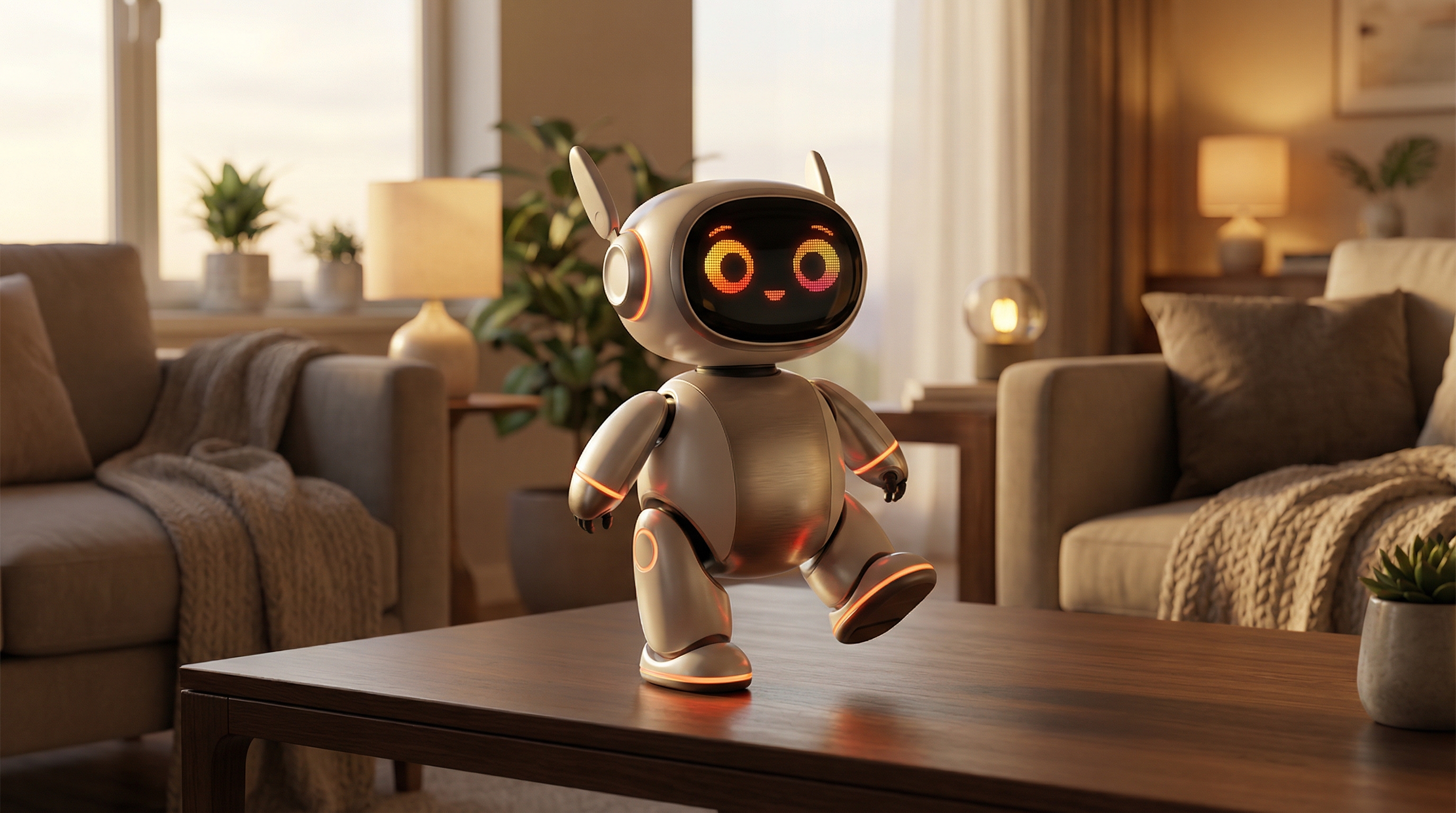 Rocket Fourth companion robot strutting on a coffee table in a cozy living room